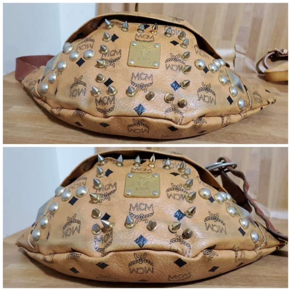 Authentic MCM Cognac Studded Visetos Belt Bag Fanny Pack Waist - Picture 9 of 14